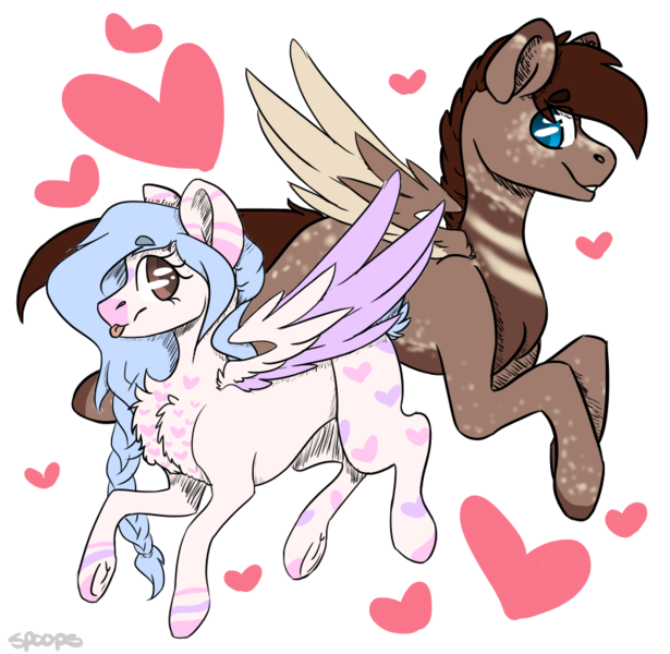 Size: 800x780 | Tagged: safe, artist:spoopygander, banned from derpibooru, deleted from derpibooru, derpibooru import, oc, unofficial characters only, pegasus, pony, chest fluff, female, flying, heart, male, raspberry, straight, tongue out, tumblr upload, underhood