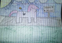 Size: 640x445 | Tagged: safe, artist:alexanderwilliams, banned from derpibooru, deleted from derpibooru, derpibooru import, pinkie pie, bindle, cloud, lined paper, missing cutie mark, newbie artist training grounds, sad, sign, solo, sun, traditional art