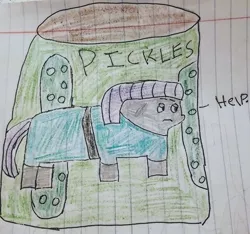 Size: 640x600 | Tagged: safe, artist:alexanderwilliams, banned from derpibooru, deleted from derpibooru, derpibooru import, maud pie, atg 2019, food, help, jar, lined paper, newbie artist training grounds, pickle, pickle jar, solo, traditional art