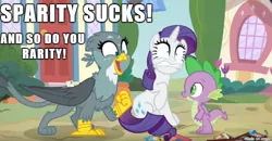 Size: 610x318 | Tagged: safe, banned from derpibooru, deleted from derpibooru, derpibooru import, edit, edited screencap, screencap, gabby, rarity, spike, dragon, dragon dropped, female, male, shipping, shipping denied, shipping war, spabby, straight, text, winged spike