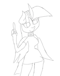 Size: 788x1000 | Tagged: safe, artist:treble clefé, banned from derpibooru, deleted from derpibooru, derpibooru import, twilight sparkle, alicorn, anthro, breasts, busty twilight sparkle, choker, flipping off, horn, middle finger, monochrome, sketch, solo, twilight sparkle (alicorn), vulgar, wings