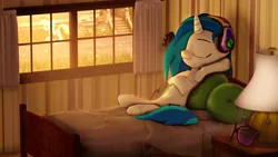 Size: 3840x2160 | Tagged: safe, artist:xppp1n, banned from derpibooru, deleted from derpibooru, derpibooru import, derpy hooves, vinyl scratch, pegasus, pony, unicorn, 3d, armpits, bed, female, headphones, lamp, mare, pillow, source filmmaker, wallpaper
