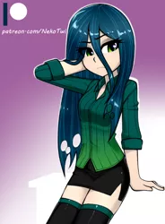 Size: 524x713 | Tagged: safe, artist:nekojackun, artist:twilite-sparkleplz, banned from derpibooru, deleted from derpibooru, derpibooru import, edit, queen chrysalis, human, 4chan, clothes, cute, cutealis, eye clipping through hair, eyeshadow, gradient background, humanized, makeup, miniskirt, /mlp/, patreon, patreon logo, shirt, side slit, skirt, socks, solo, stockings, thigh highs, younger, zettai ryouiki