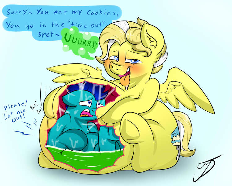 Size: 2000x1600 | Tagged: questionable, artist:buttercream pony, banned from derpibooru, deleted from derpibooru, derpibooru import, oc, oc:buttercream, earth pony, pegasus, pony, belly, big, big belly, blushing, burp, dialogue, fat, fetish, looking at you, male, stomach acid, teasing, text, vore, x-ray