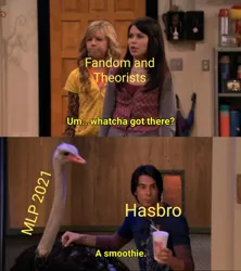 Size: 1034x1162 | Tagged: safe, banned from derpibooru, deleted from derpibooru, derpibooru import, bird, human, ostrich, g5, 2 panel comic, barely pony related, comic, exploitable meme, fandom, icarly, meme, smoothie