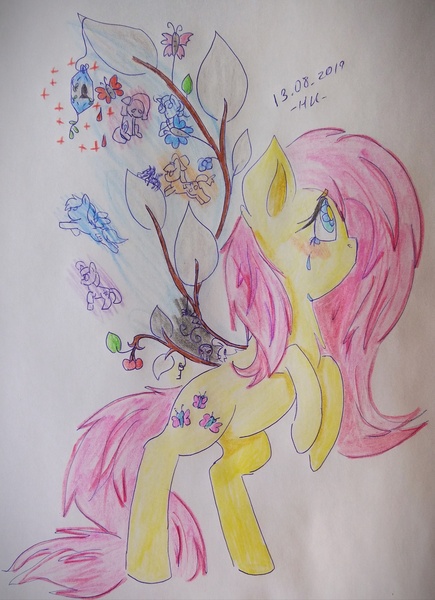 Size: 2444x3369 | Tagged: safe, artist:handsomekiiro, banned from derpibooru, deleted from derpibooru, derpibooru import, fluttershy, pegasus, pony, artificial wings, augmented, branches, crying, ethereal wings, female, leaf wings, looking away, looking up, magic, magic wings, mare, plant wings, rearing, sad, solo, teary eyes, traditional art, tree branch, wings