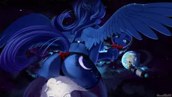 Size: 1920x1080 | Tagged: suggestive, artist:discordthege, banned from derpibooru, deleted from derpibooru, derpibooru import, princess luna, alicorn, anthro, apollo, ass, butt, clothes, dock, looking at you, macro, mirror, moon, moonbutt, panties, pony bigger than a planet, space, spaceship, spread wings, underwear, wings