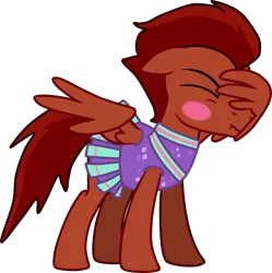Size: 3550x3568 | Tagged: safe, artist:feathertrap, banned from derpibooru, deleted from derpibooru, derpibooru import, oc, oc:ace, unofficial characters only, pegasus, pony, blushing, cheerleader, cheerleader outfit, clothes, crossdressing, embarrassed, facewing, male, pleated skirt, scrunchy face, simple background, skirt, solo, stallion, transparent background, vector, wing hands, wings