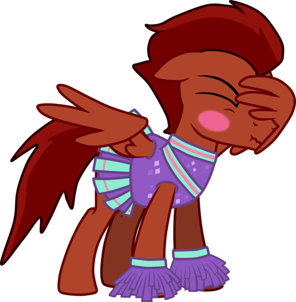 Size: 3550x3615 | Tagged: safe, artist:feathertrap, banned from derpibooru, deleted from derpibooru, derpibooru import, oc, oc:ace, unofficial characters only, pegasus, pony, blushing, cheerleader, cheerleader outfit, clothes, crossdressing, embarrassed, facewing, male, pleated skirt, pom pom, simple background, skirt, solo, stallion, transparent background, vector, wing hands, wings
