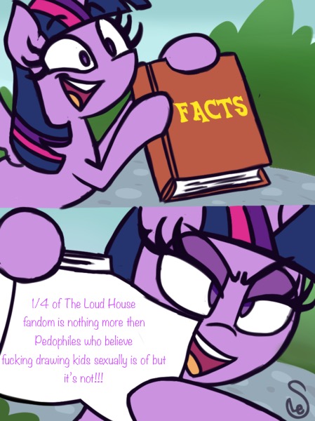 Size: 449x600 | Tagged: suggestive, artist:quarium edits, banned from derpibooru, deleted from derpibooru, derpibooru import, twilight sparkle, exploitable meme, fact book, fandom war, image macro, meme, text, the loud house, twilight's fact book