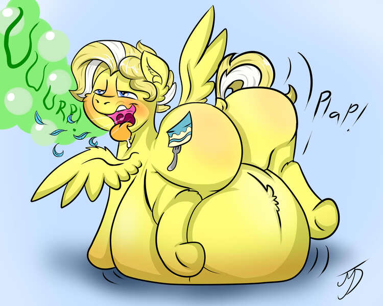 Size: 2000x1600 | Tagged: questionable, artist:buttercream pony, banned from derpibooru, deleted from derpibooru, derpibooru import, oc, oc:buttercream, pegasus, pony, belly, big, blushing, bouncing, burp, butt, digestion, fat, fetish, huge, immobile, implied rainbow dash, male, plot, preydash, solo, text, thick, vore