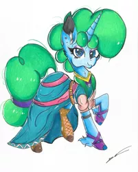 Size: 4855x6025 | Tagged: safe, artist:luxiwind, banned from derpibooru, deleted from derpibooru, derpibooru import, oc, oc:royal emerald, pony, unicorn, absurd resolution, clothes, dress, female, mare, solo, traditional art