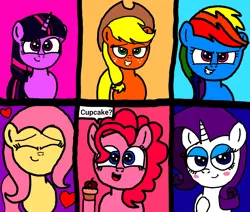 Size: 934x791 | Tagged: safe, artist:sebtheartist, banned from derpibooru, deleted from derpibooru, derpibooru import, applejack, fluttershy, pinkie pie, rainbow dash, rarity, twilight sparkle, bedroom eyes, blushing, cupcake, cute, dashabetes, diapinkes, eyes closed, food, front view, heart, jackabetes, mane six, raribetes, shyabetes, smiling, smirk, twiabetes