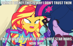 Size: 640x410 | Tagged: safe, banned from derpibooru, deleted from derpibooru, derpibooru import, screencap, sci-twi, sunset shimmer, twilight sparkle, equestria girls, friendship games, angry, animated, caption, exploitable meme, gif, glasses, image macro, implied, marvel cinematic universe, meme, spider-man, sunset yells at twilight, text