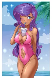 Size: 715x1080 | Tagged: suggestive, artist:thebrokencog, banned from derpibooru, deleted from derpibooru, derpibooru import, edit, editor:anonymous, rarity, human, absolute cleavage, beach, boob window, breasts, busty rarity, cleavage, clothes, cup, curvy, dark skin, drink, female, hands-free bubble tea challenge, hourglass figure, humanized, navel cutout, ocean, one eye closed, one-piece swimsuit, smiling, straw, stupid sexy rarity, swimsuit, wink