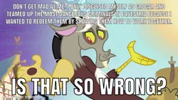 Size: 1000x562 | Tagged: safe, banned from derpibooru, deleted from derpibooru, derpibooru import, edit, edited screencap, screencap, discord, grogar, princess twilight sparkle (episode), the ending of the end, leak, discord drama, drama, freudian excuse, justification, meme, op started shit, shrug