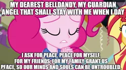 Size: 888x499 | Tagged: safe, banned from derpibooru, deleted from derpibooru, derpibooru import, edit, edited screencap, screencap, pinkie pie, equestria girls, ah my goddess, belldandy, oh my goddess, pinkie pie praying, prayer