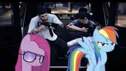 Size: 639x358 | Tagged: safe, banned from derpibooru, deleted from derpibooru, derpibooru import, edit, editor:undeadponysoldier, pinkie pie, rainbow dash, earth pony, human, pegasus, pony, ak-47, angry, assault rifle, backwards ballcap, baseball cap, cap, female, gang, gangster, grand theft auto, gta v, gun, hat, looking at you, mare, pinkamena diane pie, rifle, sunglasses, the aztecas, van, weapon