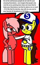 Size: 600x964 | Tagged: safe, artist:sebtheartist, banned from derpibooru, deleted from derpibooru, derpibooru import, oc, oc:downvote, oc:ponyseb, ponified, pegasus, pony, derpibooru, bipedal, cap, comforting, derpibooru ponified, duo, hat, looking at each other, meta, red background, simple background, speech bubble