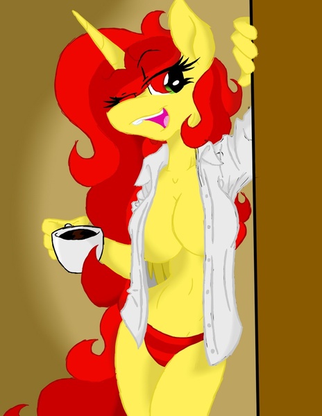 Size: 850x1100 | Tagged: questionable, artist:ajue, banned from derpibooru, deleted from derpibooru, derpibooru import, lily, lily valley, oc, alicorn, anthro, alicorn oc, breasts, cleavage, clothes, coffee, horn, morning ponies, panties, sexy, shirt, trace, underwear, wings