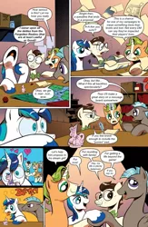 Size: 650x1000 | Tagged: safe, artist:andypriceart, banned from derpibooru, deleted from derpibooru, derpibooru import, edit, idw, 8-bit (character), gaffer, gizmo, princess cadance, shining armor, earth pony, pegasus, pony, unicorn, comic:friendship is dragons, bowtie, comic, dialogue, glowing horn, grin, heart, horn, magic, male, notepad, raised hoof, smiling, stallion, telekinesis, text edit, unshorn fetlocks, wide eyes