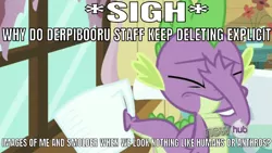 Size: 633x358 | Tagged: safe, banned from derpibooru, deleted from derpibooru, derpibooru import, edit, edited screencap, editor:undeadponysoldier, screencap, spike, dragon, derpibooru, just for sidekicks, all new, caption, facepalm, hub logo, image macro, implied smolder, male, measuring cup, meta, mouthpiece, op has a point, protest, rule #5, sigh, solo, staff, text