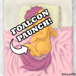 Size: 1280x1286 | Tagged: safe, artist:ratwhiskers, banned from derpibooru, deleted from derpibooru, derpibooru import, edit, scootaloo, pegasus, pony, abdominal bulge, bed, caption, falcon punch, female, filly, implied foalcon, pillow, pregnant, pun, solo