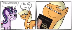 Size: 1080x458 | Tagged: safe, banned from derpibooru, deleted from derpibooru, derpibooru import, edit, applejack, starlight glimmer, background pony strikes again, dialogue, meme, social justice warrior, stonetoss, transgender, transphobia