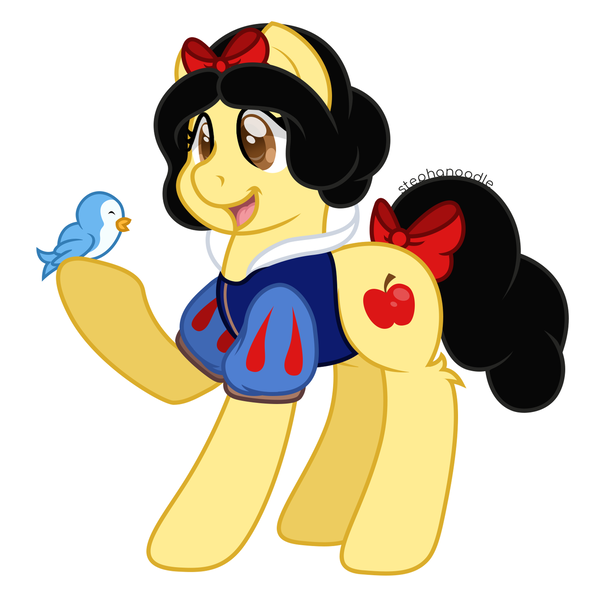 Size: 1280x1280 | Tagged: safe, artist:stephanoodle, banned from derpibooru, deleted from derpibooru, derpibooru import, ponified, bird, earth pony, pony, bow, clothes, crossover, disney, disney princess, female, hair bow, leg fluff, mare, simple background, smiling, snow white, solo, tail bow, white background