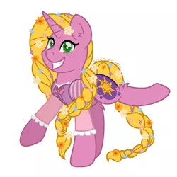 Size: 1280x1280 | Tagged: safe, artist:stephanoodle, banned from derpibooru, deleted from derpibooru, derpibooru import, ponified, pony, unicorn, bow, braid, braided tail, clothes, crossover, disney, disney princess, female, flower, freckles, leg fluff, looking at you, mare, rapunzel, simple background, smiling, solo, tangled up, white background