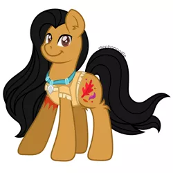Size: 1280x1280 | Tagged: safe, artist:stephanoodle, banned from derpibooru, deleted from derpibooru, derpibooru import, ponified, earth pony, pony, clothes, crossover, disney, disney princess, female, jewelry, leg fluff, looking at you, mare, necklace, pocahontas, simple background, solo, tattoo, white background