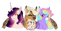 Size: 1280x653 | Tagged: safe, artist:lovss, banned from derpibooru, deleted from derpibooru, derpibooru import, oc, oc:lovely song, oc:madame owl, oc:manic hysteria, unofficial characters only, bat pony, gryphon, pony, unicorn, female, mare, simple background, transparent background