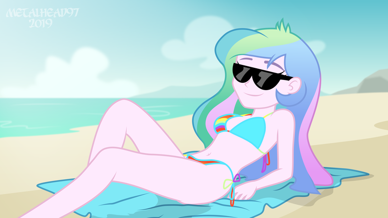 Size: 8000x4500 | Tagged: safe, artist:metalhead97, banned from derpibooru, deleted from derpibooru, derpibooru import, edit, editor:slayerbvc, princess celestia, equestria girls, beach, belly, belly button, bikini, clothes, commission, female, no makeup edit, principal celestia, rainbow dash bikini, relaxing, sand, show accurate, smiling, solo, sun, sunglasses, swimsuit, towel, water