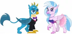 Size: 1613x763 | Tagged: safe, artist:cloudyglow, banned from derpibooru, deleted from derpibooru, derpibooru import, edit, editor:thomasfan45, gallus, silverstream, classical hippogriff, gryphon, hippogriff, bowtie, clothes, female, formal dress, formal wear, gallstream, jewelry, male, movie accurate, necklace, shipping, simple background, smiling, straight, suit, tuxedo, vector, white background