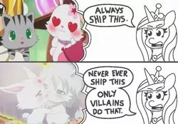 Size: 916x637 | Tagged: safe, banned from derpibooru, deleted from derpibooru, derpibooru import, edit, editor:mega-poneo, princess cadance, alicorn, big cat, cat, lion, pony, rabbit, always ship this, animal, anti-shipping, barely pony related, crossover, dialogue, exploitable meme, female, granite (jewelpet), granruby, heart eyes, jewelpet, kissing, mare, meme, my hero academia, princess of shipping, ruby (jewelpet), shipping, tour (jewelpet), touruby, wingding eyes