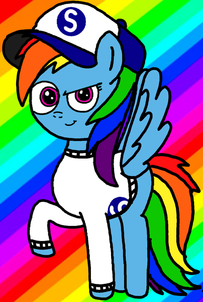 Size: 929x1381 | Tagged: safe, artist:sebtheartist, banned from derpibooru, deleted from derpibooru, derpibooru import, rainbow dash, pegasus, pony, clothes, determined, female, grin, looking at you, mare, missing cutie mark, multicolored hair, ponyseb's outfit, rainbow background, rainbow hair, raised hoof, simple background, smiling, snapback, solo, spread wings, sweater, wings