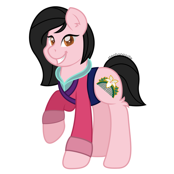 Size: 1500x1500 | Tagged: safe, artist:stephanoodle, banned from derpibooru, deleted from derpibooru, derpibooru import, ponified, earth pony, pony, clothes, crossover, disney, female, full body, leg fluff, looking at you, mare, mulan, simple background, solo, white background