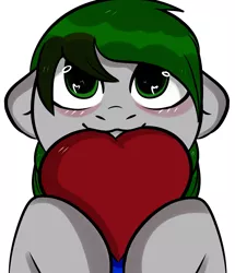 Size: 3339x3883 | Tagged: safe, artist:pesty_skillengton, banned from derpibooru, deleted from derpibooru, derpibooru import, oc, unofficial characters only, earth pony, pony, commission, heart, heart eyes, heart pillow, looking up, pillow, signature, simple background, smiling, solo, white background, wingding eyes, ych result