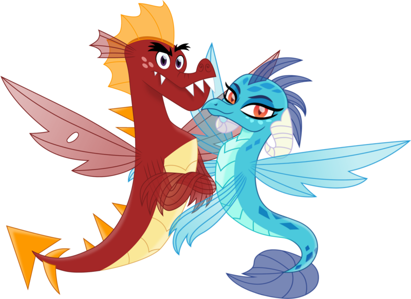 Size: 1877x1366 | Tagged: safe, artist:cloudyglow, banned from derpibooru, deleted from derpibooru, derpibooru import, edit, garble, princess ember, dragon, sea dragon, dragoness, ember the seadragon, emble, fangs, female, fins, fin wings, garble the seadragon, looking at you, male, movie accurate, shipping, simple background, species swap, spiky tail, straight, transparent background, wings