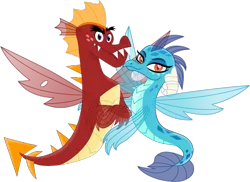 Size: 1877x1366 | Tagged: safe, artist:cloudyglow, banned from derpibooru, deleted from derpibooru, derpibooru import, edit, garble, princess ember, dragon, sea dragon, dragoness, ember the seadragon, emble, fangs, female, fins, fin wings, garble the seadragon, looking at you, male, movie accurate, shipping, simple background, species swap, spiky tail, straight, transparent background, wings