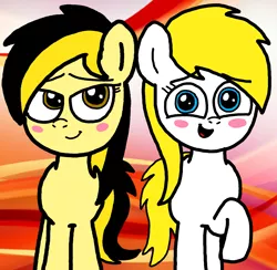 Size: 2005x1953 | Tagged: safe, artist:sebtheartist, banned from derpibooru, deleted from derpibooru, derpibooru import, oc, oc:aryanne, oc:leslie fair, unofficial characters only, pony, abstract background, aryan, aryan pony, blonde, blushing, nazi, nazipone, raised hoof, smiling