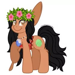 Size: 1280x1280 | Tagged: safe, artist:stephanoodle, banned from derpibooru, deleted from derpibooru, derpibooru import, ponified, earth pony, pony, clothes, crossover, disney, female, floral head wreath, flower, jewelry, leg fluff, looking at you, mare, moana, necklace, oar, simple background, solo, white background