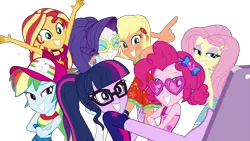 Size: 1280x720 | Tagged: safe, banned from derpibooru, deleted from derpibooru, derpibooru import, edit, edited screencap, editor:larryboyfan1996, screencap, applejack, fluttershy, pinkie pie, rainbow dash, rarity, sci-twi, sunset shimmer, twilight sparkle, equestria girls, equestria girls series, i'm on a yacht, spoiler:eqg series (season 2), background removed, humane five, humane seven, humane six