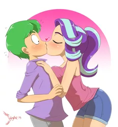Size: 6990x7532 | Tagged: safe, alternate version, artist:jeglegator, artist:titanium-pony, banned from derpibooru, deleted from derpibooru, derpibooru import, spike, starlight glimmer, human, equestria girls, and then spike was a man, blushing, breasts, clothes, eyes closed, female, humanized, kissing, lucky bastard, male, shipping, sparlight, straight, stupid sexy starlight glimmer, surprise kiss