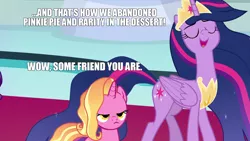 Size: 1338x753 | Tagged: safe, banned from derpibooru, deleted from derpibooru, derpibooru import, screencap, luster dawn, princess twilight 2.0, twilight sparkle, twilight sparkle (alicorn), alicorn, pony, unicorn, the last problem, the last roundup, abandonment, irony, luster dawn is not amused, meme template, mid-blink screencap