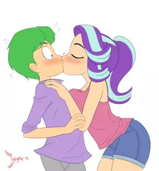Size: 6990x7532 | Tagged: safe, artist:jeglegator, artist:titanium-pony, banned from derpibooru, deleted from derpibooru, derpibooru import, edit, spike, starlight glimmer, human, equestria girls, and then spike was a man, blushing, breasts, clothes, eyes closed, female, humanized, kissing, lucky bastard, male, shipping, sparlight, straight, stupid sexy starlight glimmer, surprise kiss