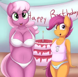 Size: 4134x4122 | Tagged: suggestive, artist:an-tonio, artist:tolpain, banned from derpibooru, deleted from derpibooru, derpibooru import, cheerilee, scootaloo, anthro, belly button, blue underwear, bra, breasts, busty cheerilee, cheeribetes, clothes, collaboration, cute, female, females only, indoors, lingerie, lolicon, looking at you, older, older scootaloo, panties, pink underwear, snoopy, underage, underwear