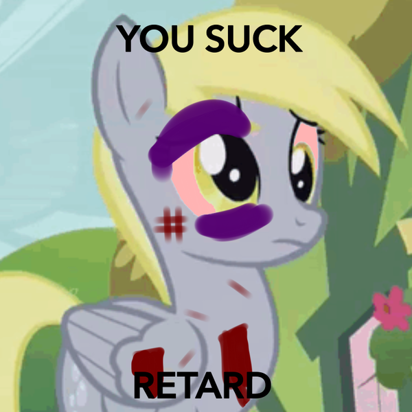 Size: 768x768 | Tagged: grimdark, banned from derpibooru, deleted from derpibooru, derpibooru import, edit, edited screencap, screencap, derpy hooves, pegasus, pony, slice of life (episode), abuse, background pony strikes again, black eye, bleeding, blood, cut, derpybuse, edgy, female, mare, op is going to hell, sad, solo, why