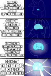 Size: 500x750 | Tagged: safe, banned from derpibooru, deleted from derpibooru, derpibooru import, edit, edited screencap, screencap, comic, expanding brain, halloween, holiday, joker (2019), meme, scary stories to tell in the dark, screencap comic, the addams family, zombieland