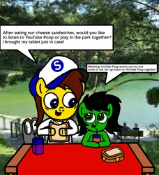 Size: 1904x2092 | Tagged: safe, artist:sebtheartist, banned from derpibooru, deleted from derpibooru, derpibooru import, oc, oc:anonfilly, oc:ponyseb, unofficial characters only, human, pegasus, bench, cheese sandwich (food), digital art, female, filly, food, grass, irl, irl human, juice, juice box, lake, photo, picnic, plastic bag, sandwich, speech bubble, stranger danger, tablecloth, tree